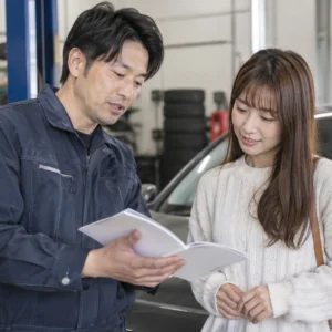 車選びを検討する日本人の人物を描いた写真風イメージ