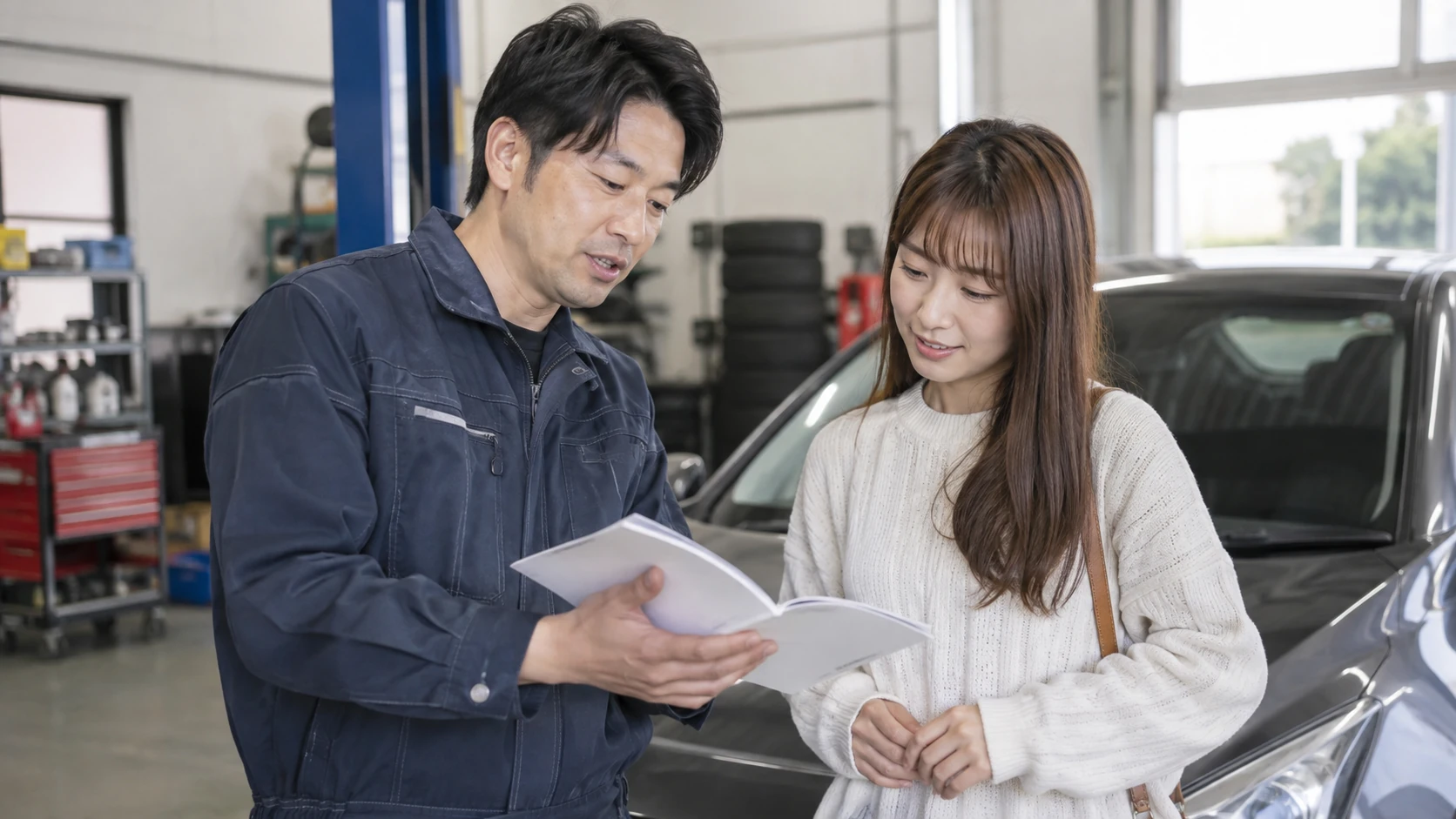 車選びを検討する日本人の人物を描いた写真風イメージ