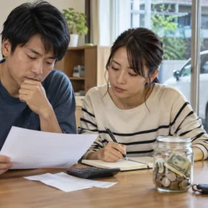 車選びを検討する日本人の人物を描いた写真風イメージ