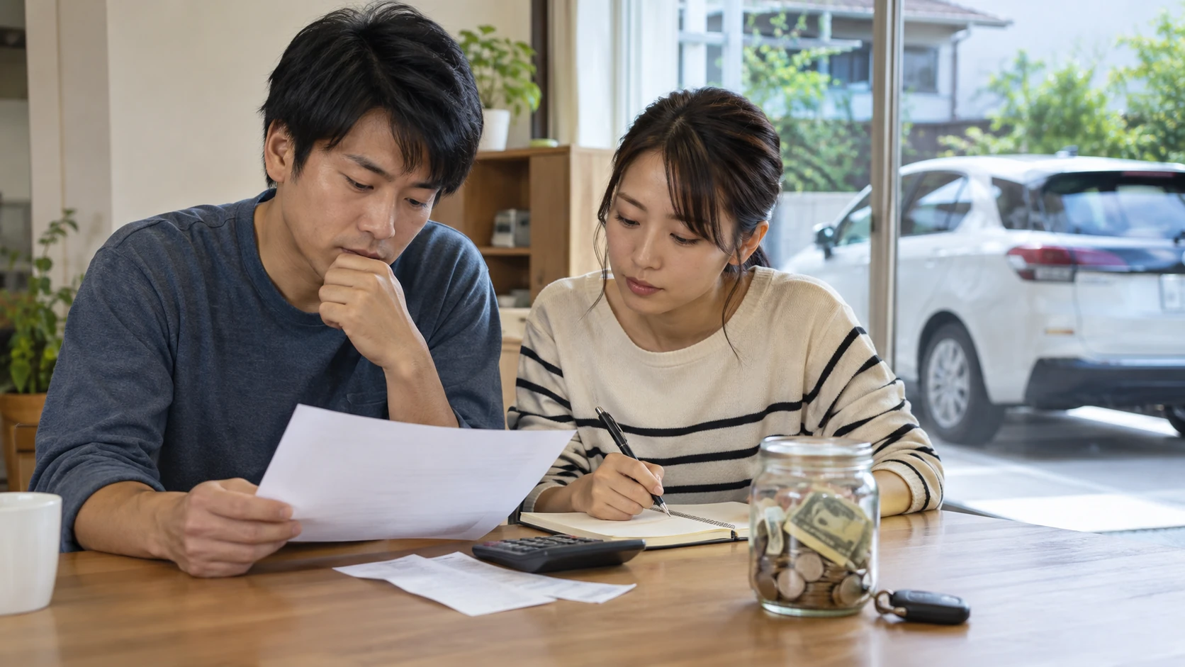 車選びを検討する日本人の人物を描いた写真風イメージ
