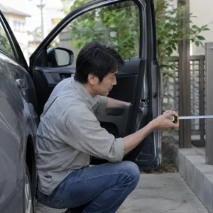 車選びを検討する日本人の人物を描いた写真風イメージ