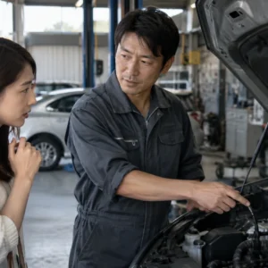 車選びを検討する日本人の人物を描いた写真風イメージ