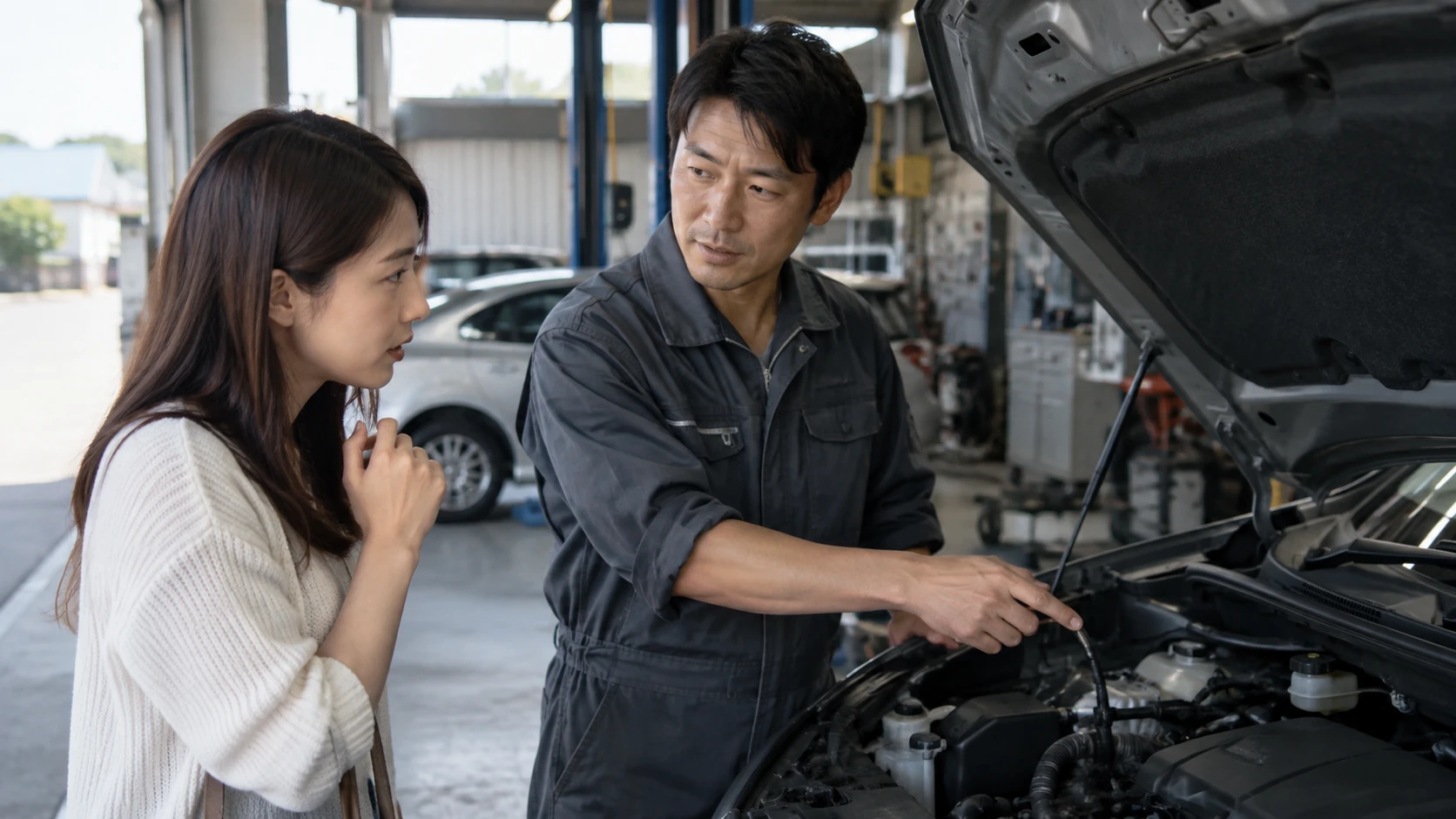 車選びを検討する日本人の人物を描いた写真風イメージ