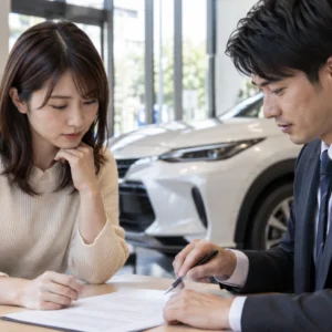 車選びや維持費を検討する日本人の人物の写真風イメージ