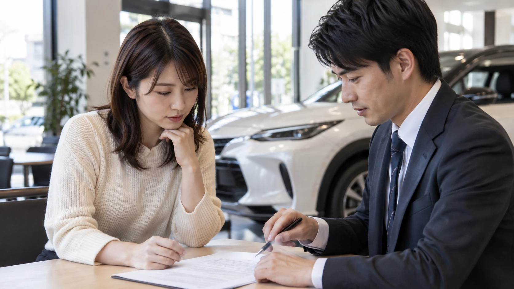 車選びや維持費を検討する日本人の人物の写真風イメージ