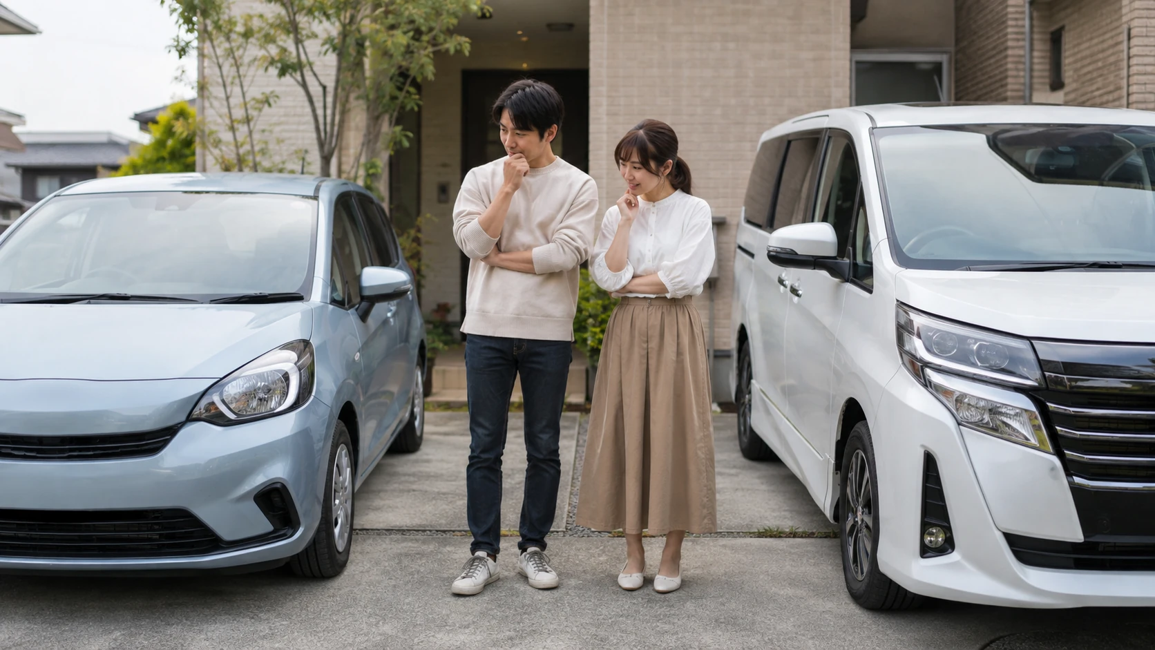 車選びや維持費を検討する日本人の人物の写真風イメージ