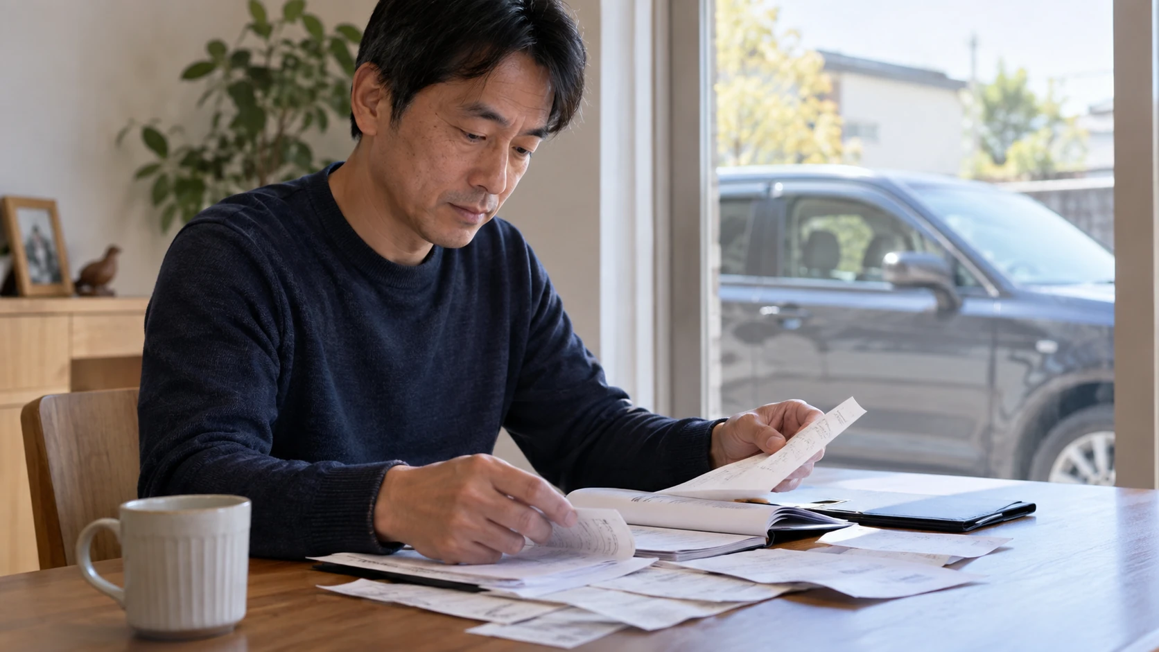 車選びや維持費を検討する日本人の人物の写真風イメージ