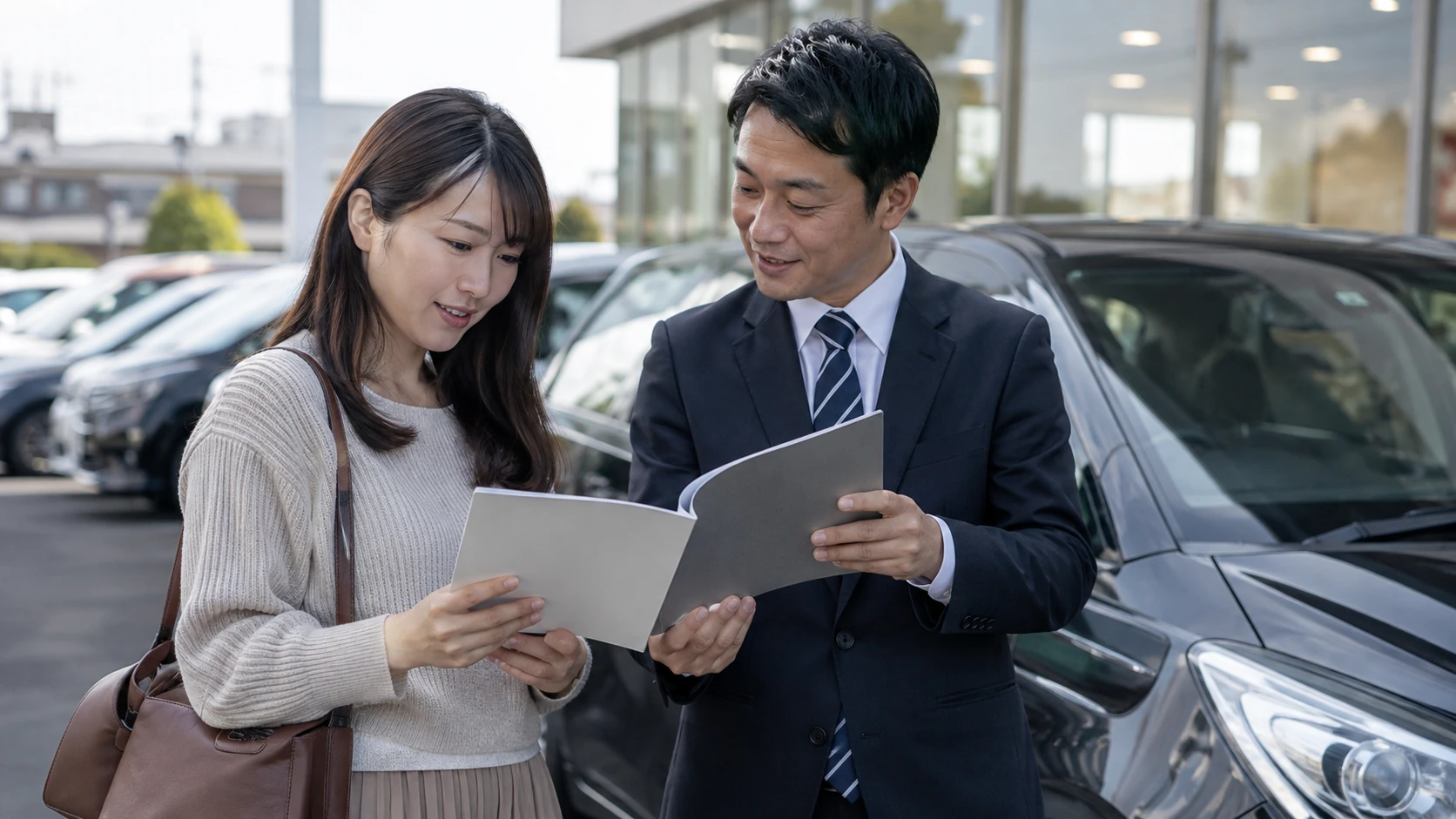車選びや維持費を検討する日本人の人物の写真風イメージ