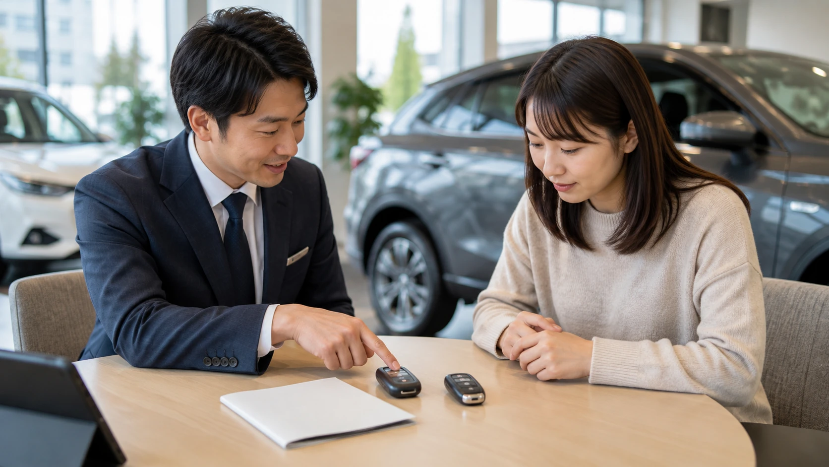 車選びや維持費を検討する日本人の人物の写真風イメージ