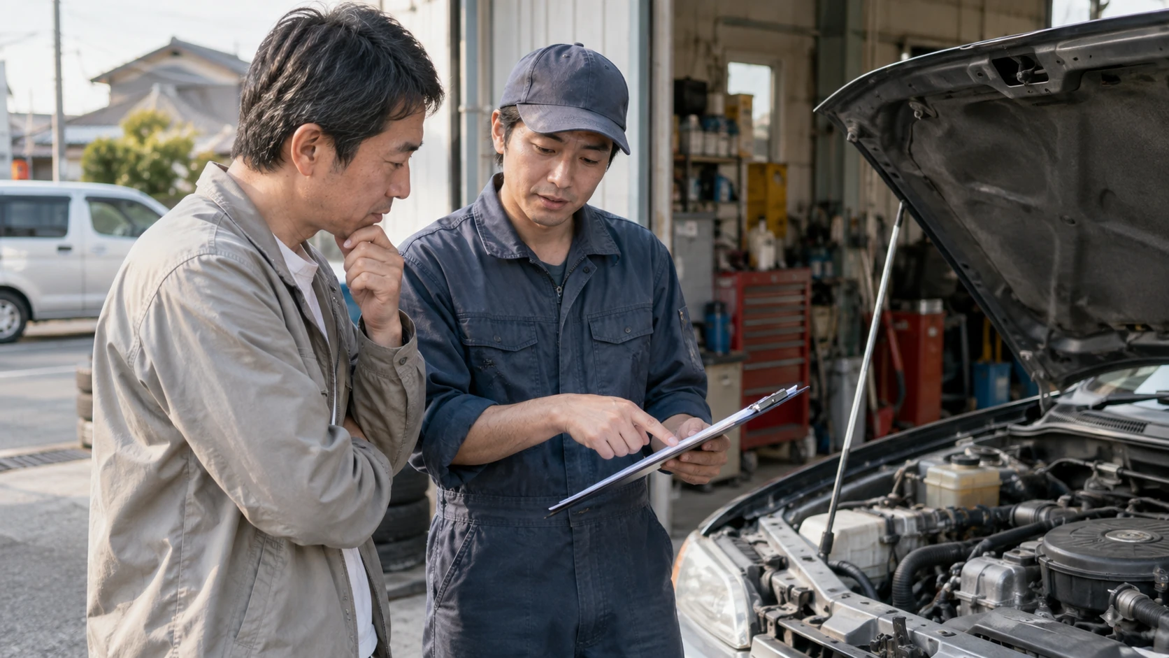 車選びや維持費を検討する日本人の人物の写真風イメージ