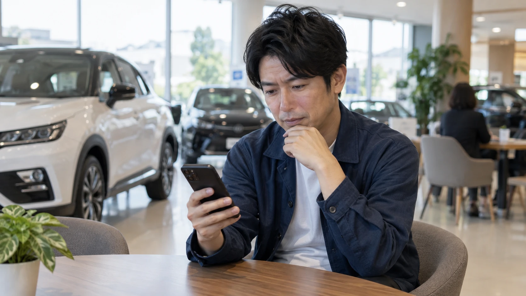 車選びや維持費を検討する日本人の人物の写真風イメージ